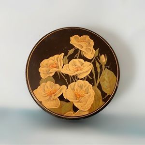 Vintage 50s black and cream floral metal tin container home decor